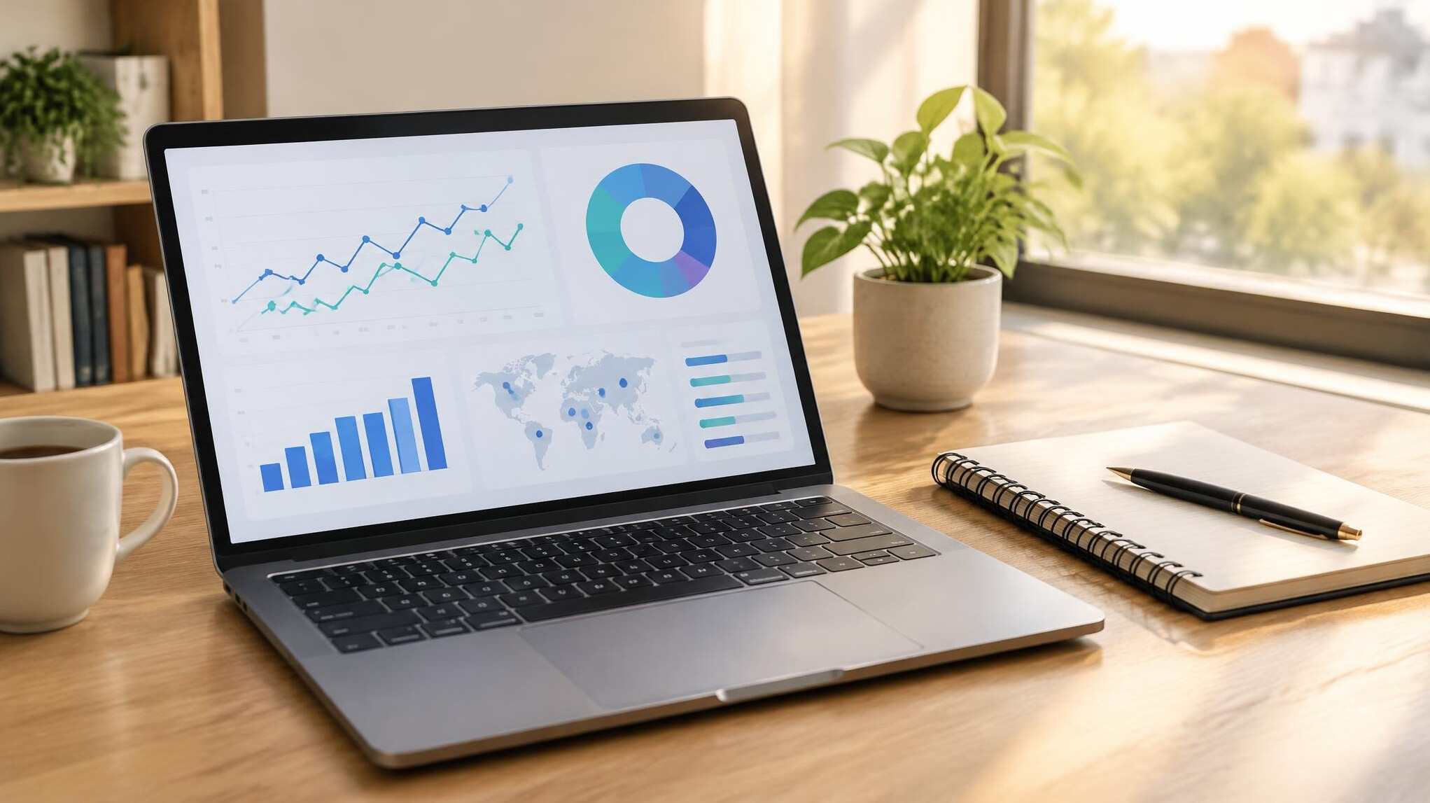 Laptop showing analytics charts on a desk